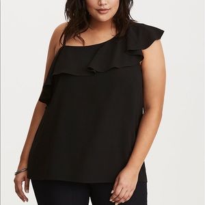 Ruffled one shoulder plus size black blouse